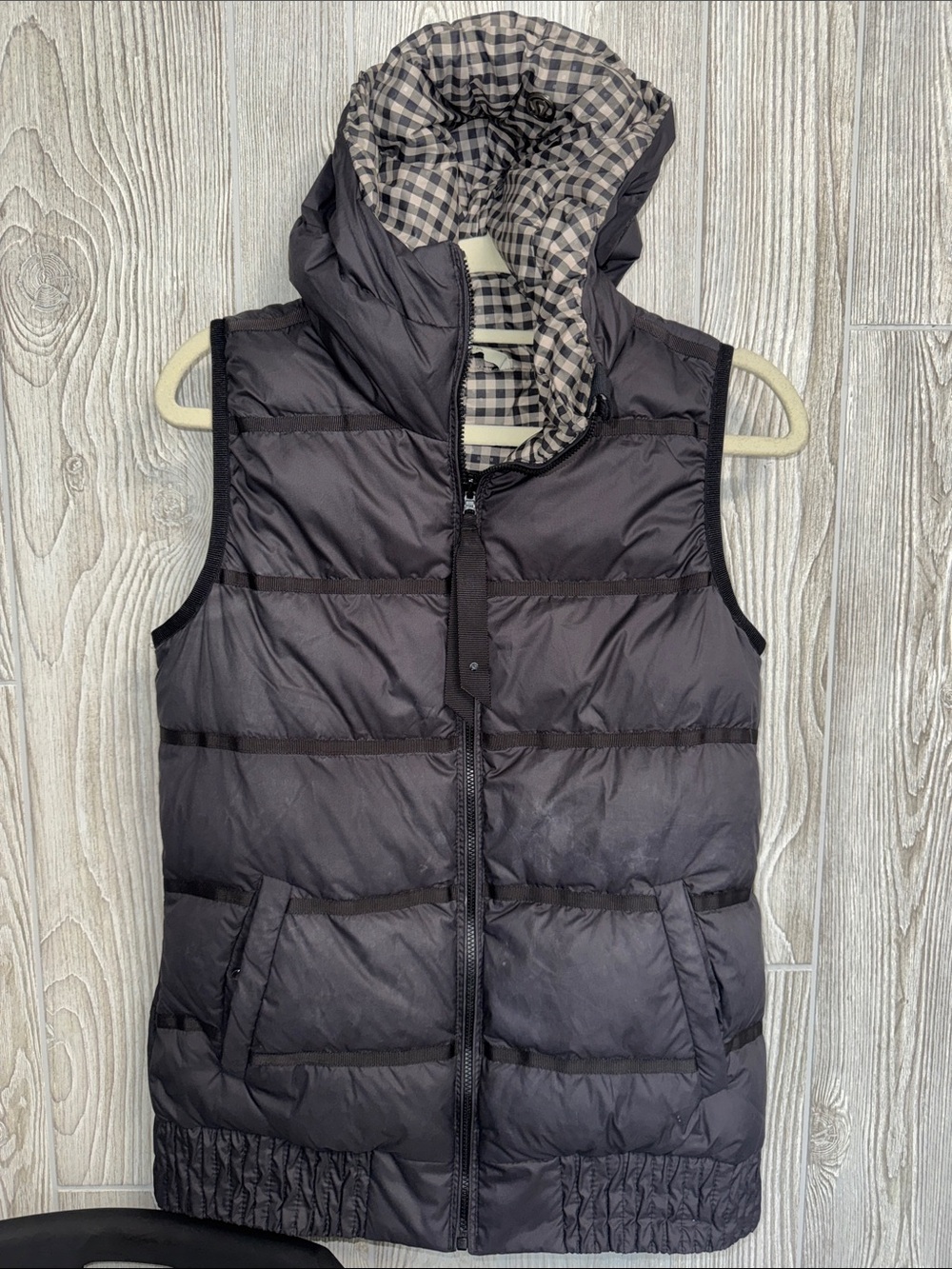lululemon athletica Black and White Gingham Quilted Hooded Vest- reversible